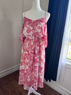 LOFT Pink and White Floral Midi Dress